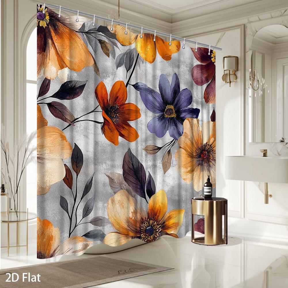 Modern Botanical Shower Curtain – Orange Yellow Purple Floral Design, Boho Farmhouse Decor, Machine Washable, 59X70.8In