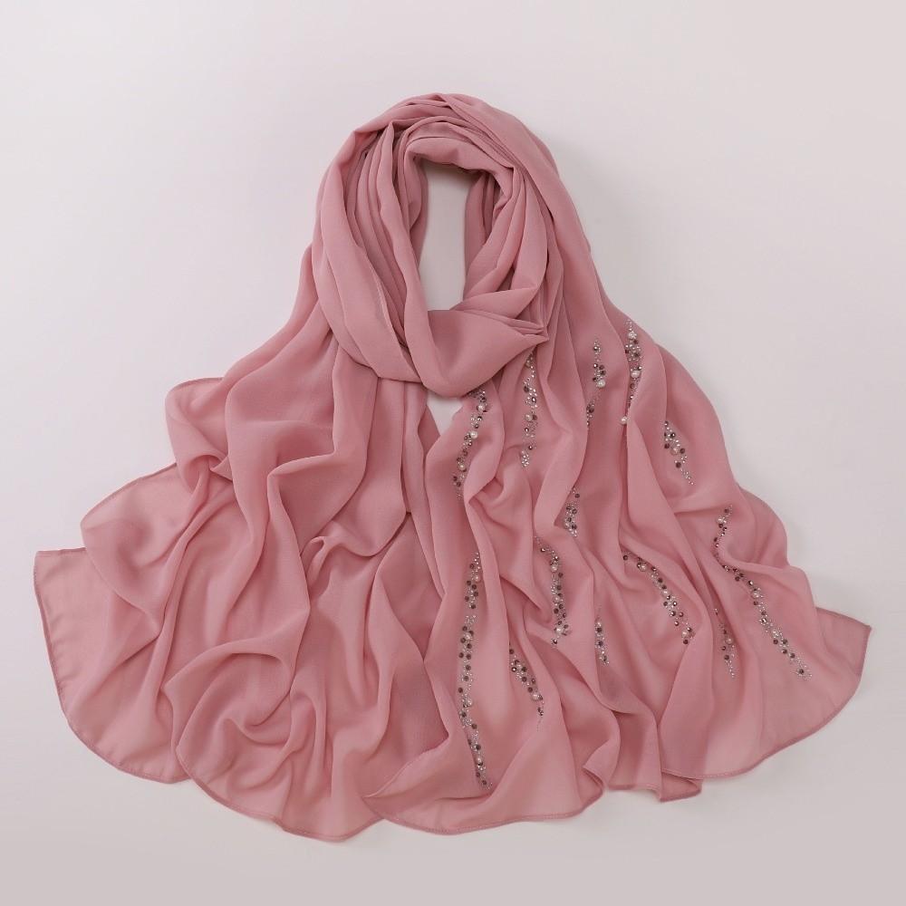 Shimmer Beads Malaysia Shawl Scarf Rhinestone Soft Head Wrap Imitation Pearl Chiffon Hijab Women