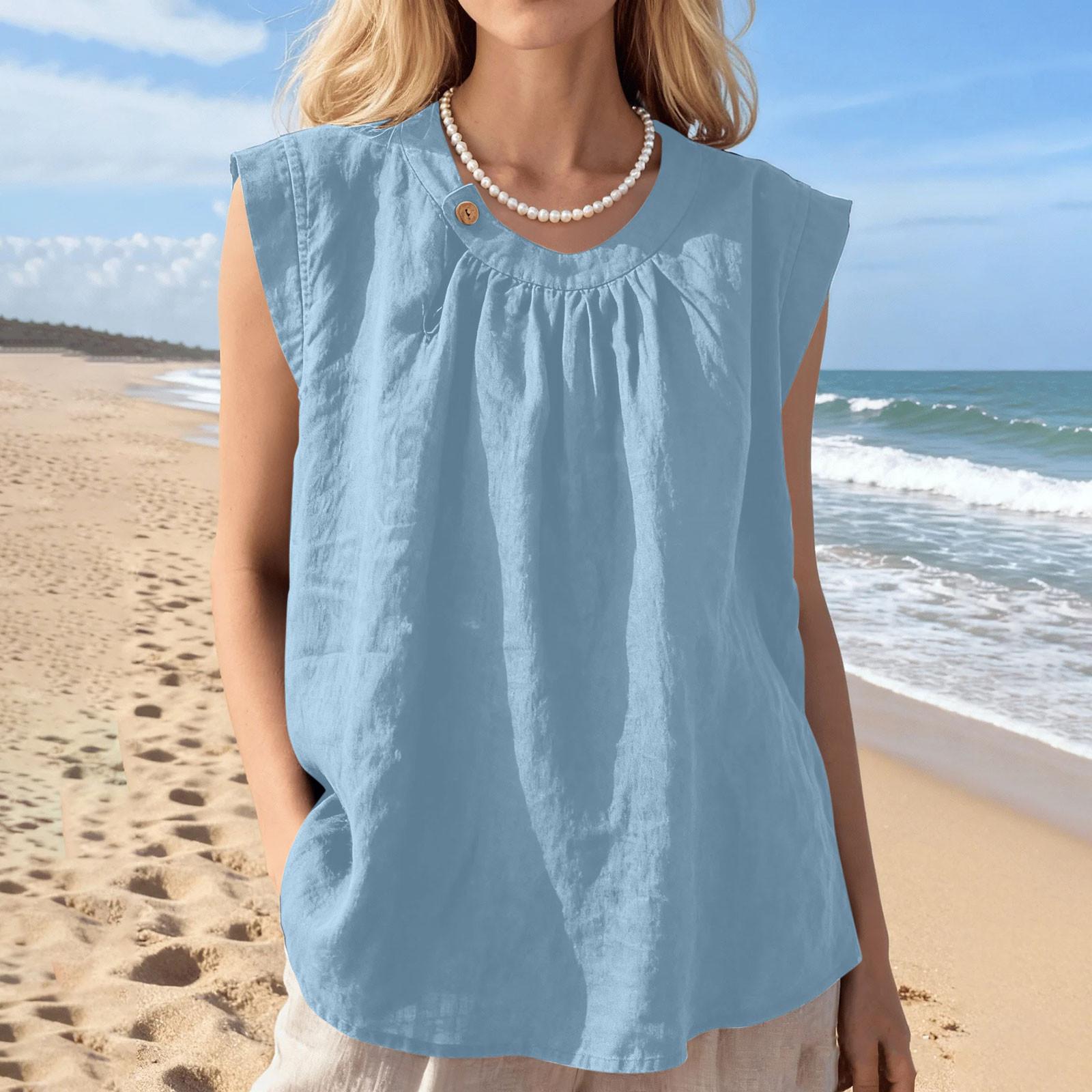 

Women s Color Cotton And Linen Camisole Loose Inner Short Sleeve Versatile Bottoming Top XL небо синє кольору