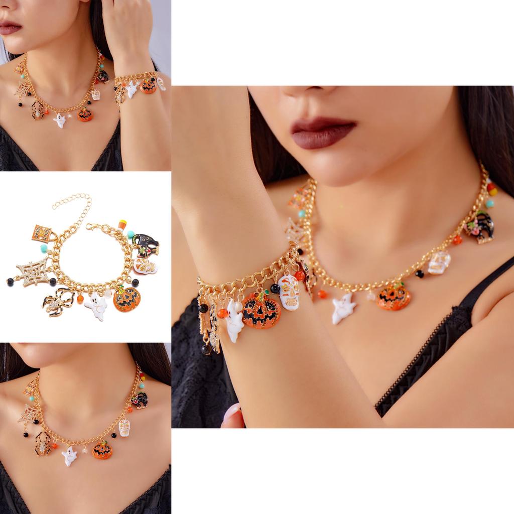 Pumpkin Skeleton Spider Charm Necklace And Bracelet In Alloy For Holiday Wear