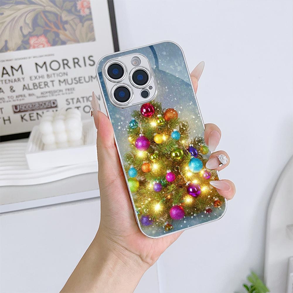 Ae114 Merry Christmas Christmas tree art Electroplated Glass Phone Cases for Samsung S25 Ultra iPhone 16 Xiaomi Redmi Lens Full Protection Back Cover