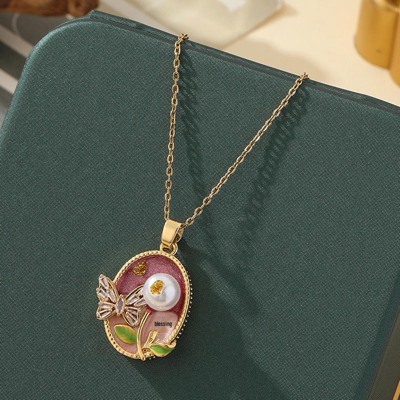 Monet-Inspired Flower Pendant Necklace, Hand-Painted, High-End Stainless Steel Clavicle Chain, New Chinese Style
