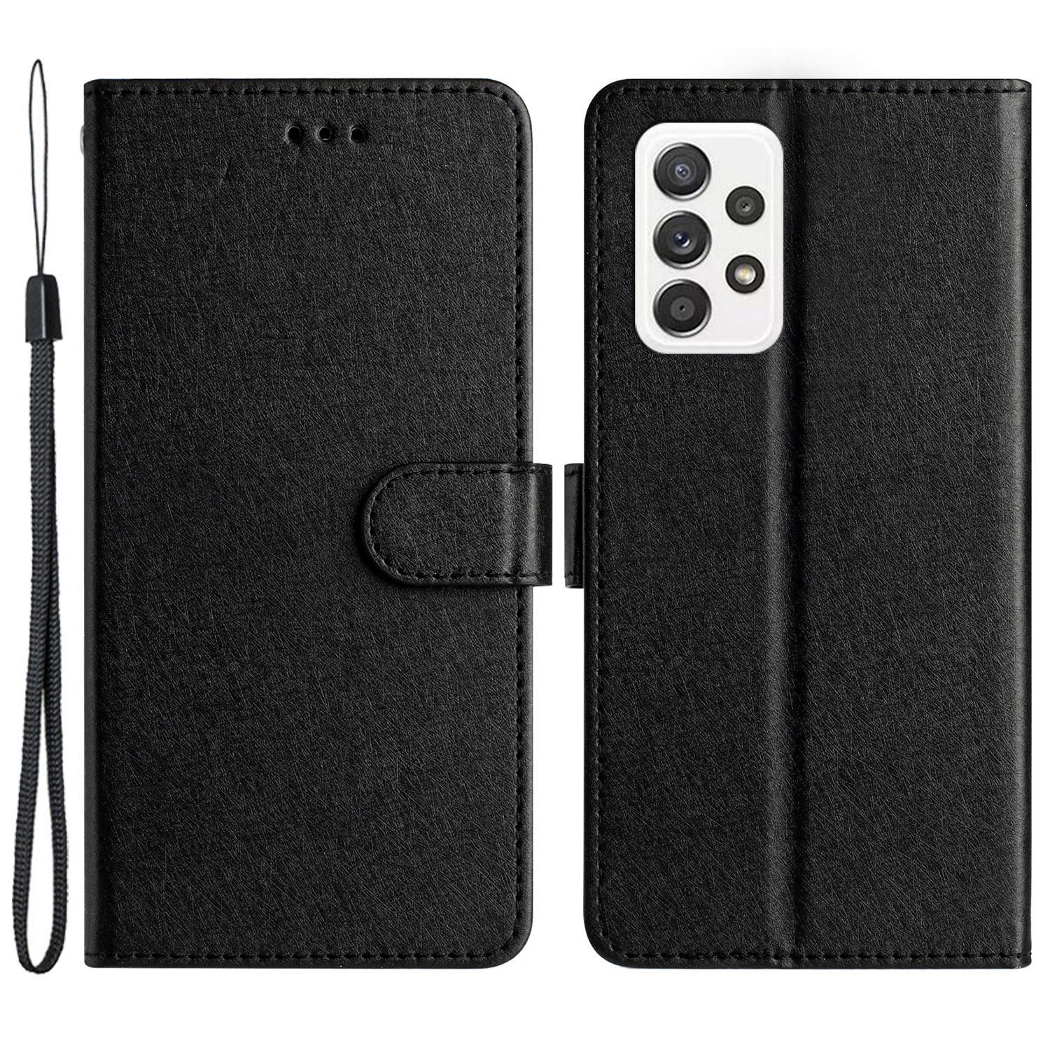 

For Samsung Galaxy A52 4G/5G/A52s 5G PU Leather Flip Stand Cover Silk Texture Phone Wallet Case with Hand Strap Black
