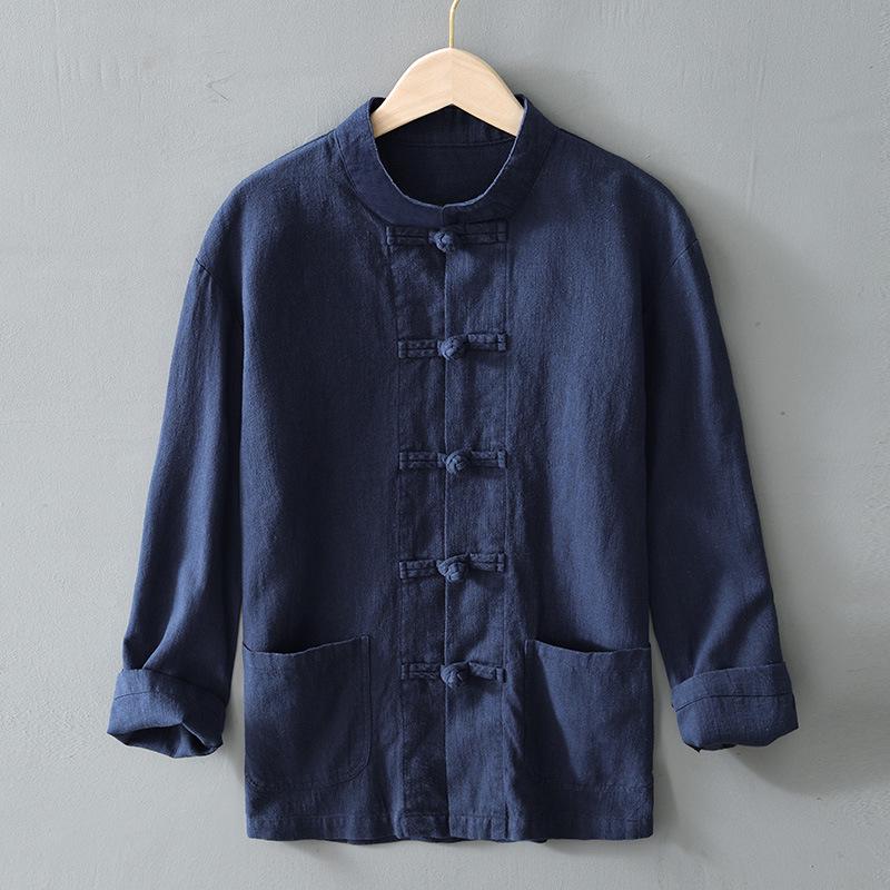 2025 Men's Chinese Style Cotton Linen Long Sleeve Tang Suit Hanfu Shirt, Plus Size Loungewear