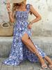 Summer 2026 Ethnic Style Spaghetti Strap Printed Backless Dress - Women's European & American Slit Waist-Cinching Dress