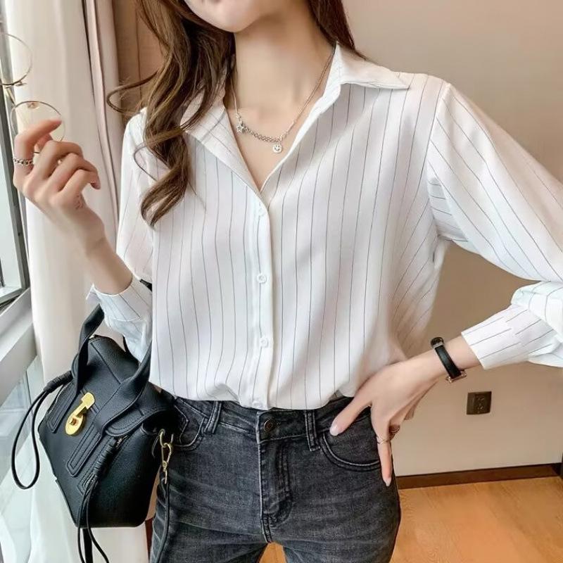 Early Spring Striped Chiffon Shirt Women's Spring 1116 New Spring Small Top Women's Long Sleeve Shirt