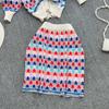 Retro Color Contrast Color Diamond Round Neck Knit Cardigan Top Two Piece Suit High Waist Pack Hip Skirt Short Skirt
