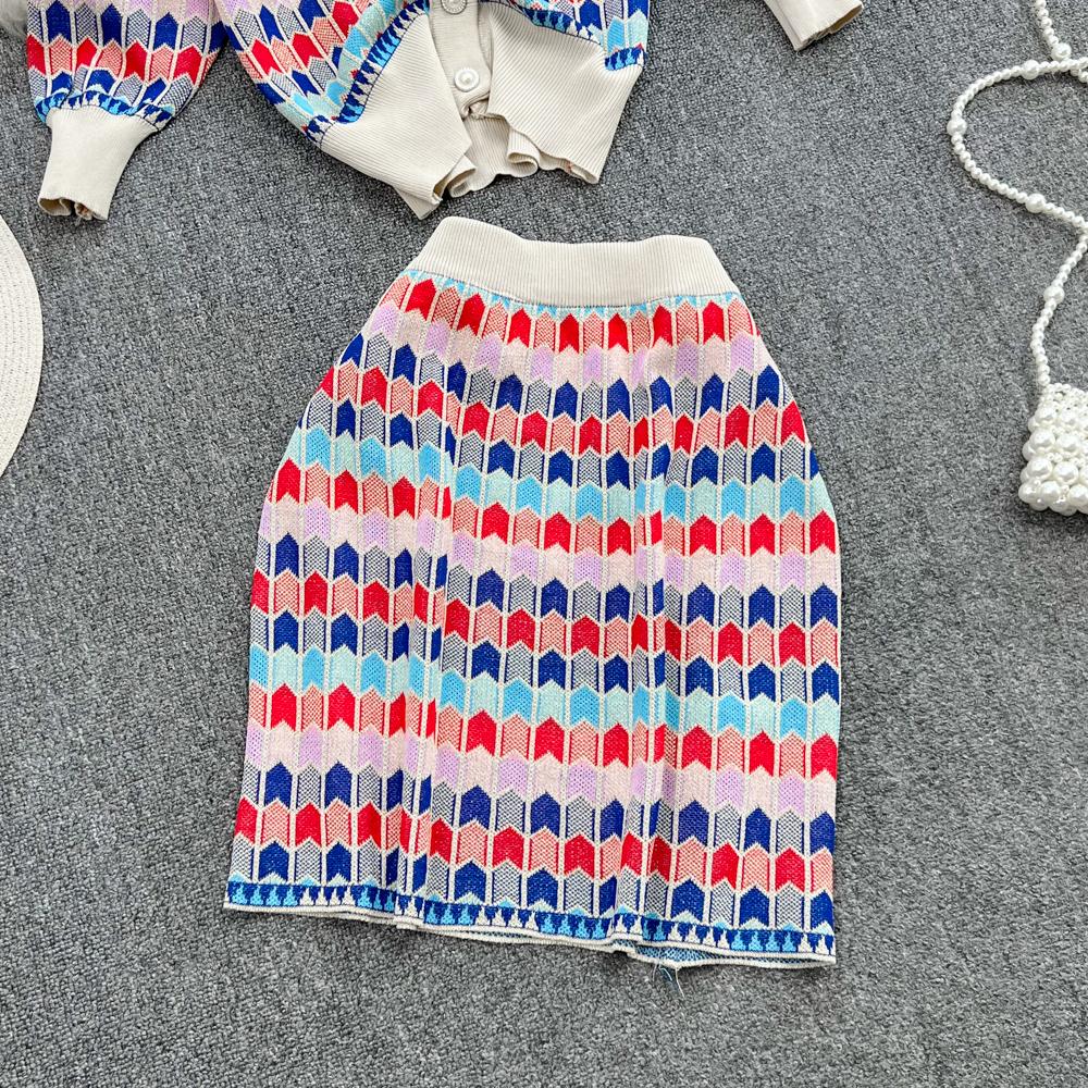 Retro Color Contrast Color Diamond Round Neck Knit Cardigan Top Two Piece Suit High Waist Pack Hip Skirt Short Skirt