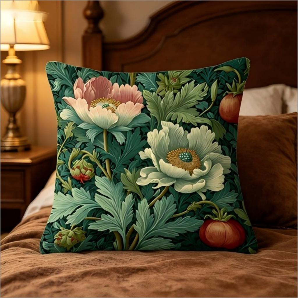 William Morris Inspired Floral Print Throw Pillow Cover, Vintage Botanical Peony Decorative Cushion