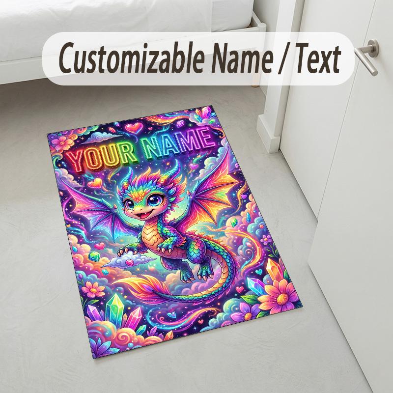 Dragon Phoenix Theme Crystal Velvet Rug Personalized Custom Name Text Soft Floor Mat Home Decor