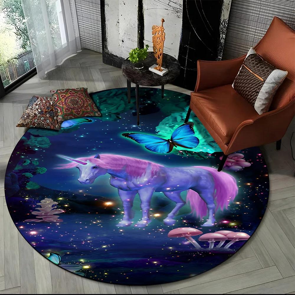 Unicorn Cartoon Animal Round Carpet Rug for Living Room Children's Bedroom Sofa Decor,Kid Paly Game Area Rug Non-slip Floor Mat