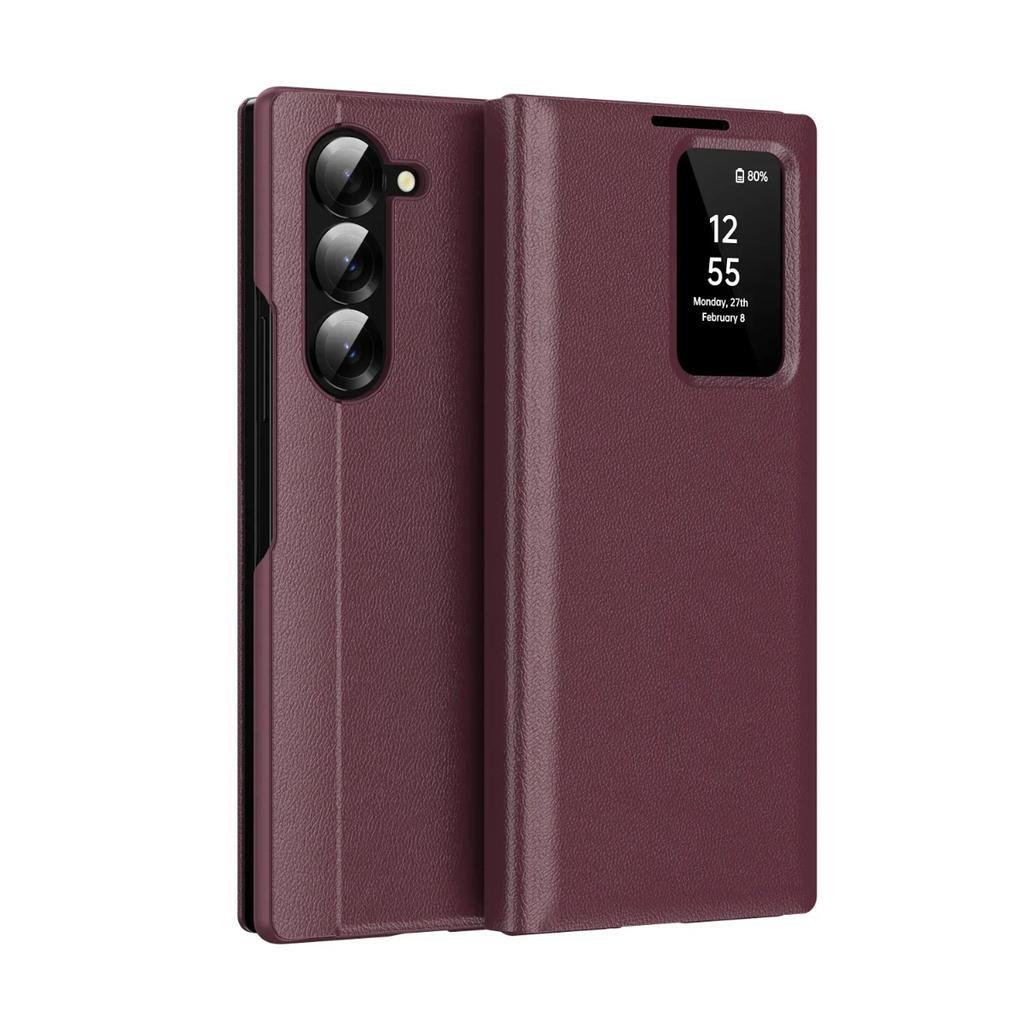 Funda de Cuero de Alta Gama con Tacto Suave para Samsung Galaxy Z Fold 7 6 5 4 Pantalla LED Inteligente HD Cubierta Trasera a Prueba de Golpes Windows