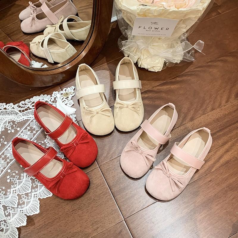 Bow single shoes women's spring and autumn new flat Mary Jane shoes Velcro beanie shoes women