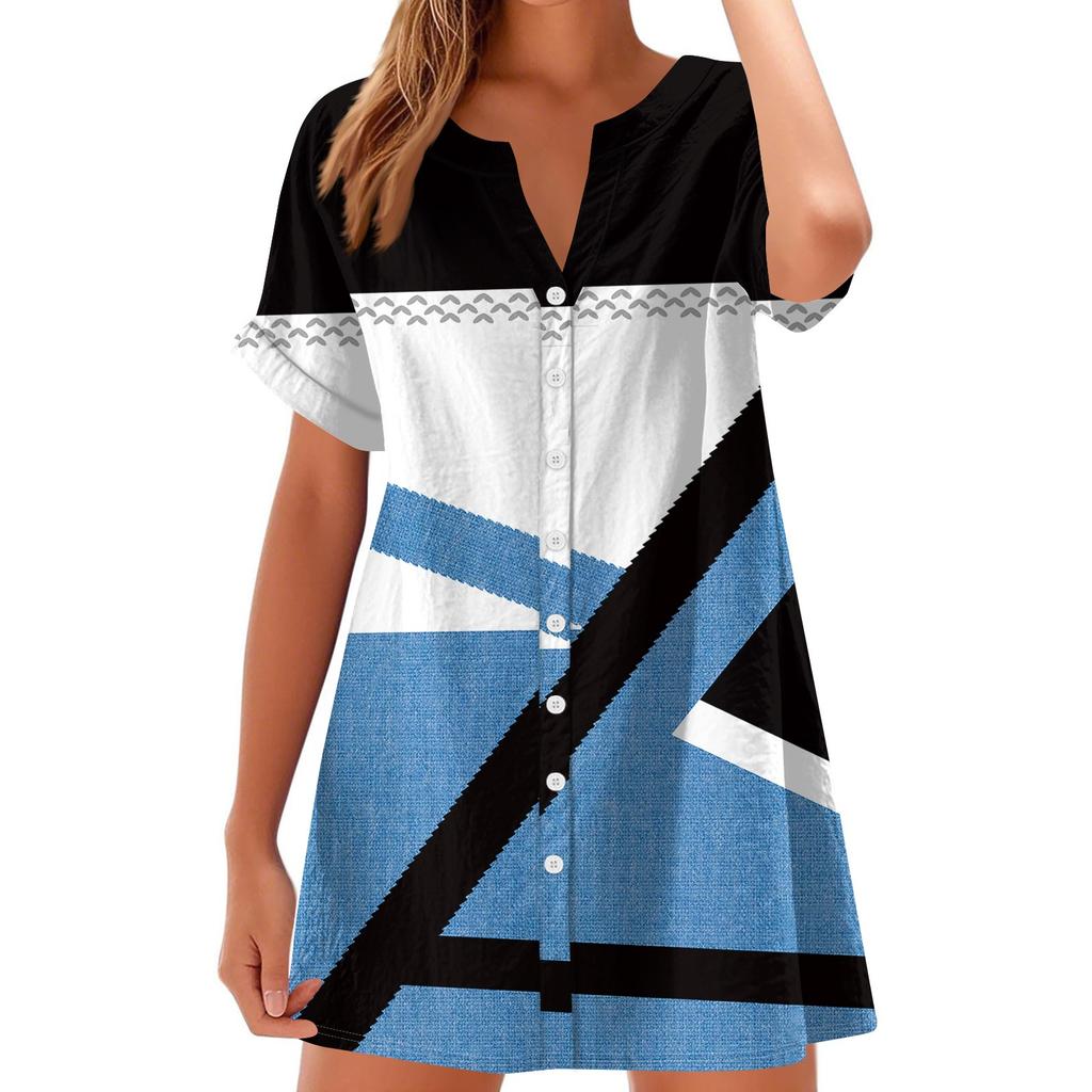 Women's Fashion Casual V-neck Short Sleeve Button Retro Color Block Splicing Print Dress