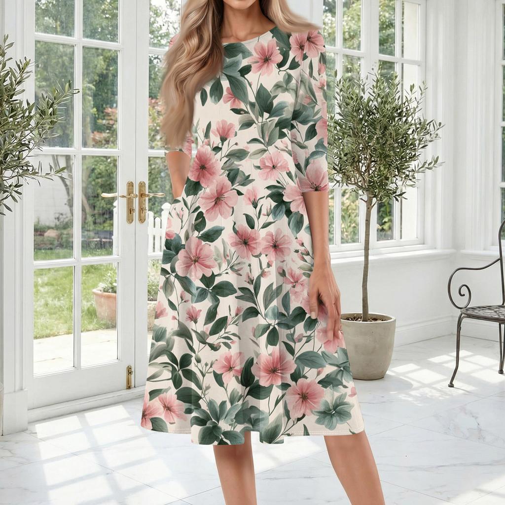 Women's Casual Fashion Round Neck Three Quarter Sleeve Printed Midi Dress