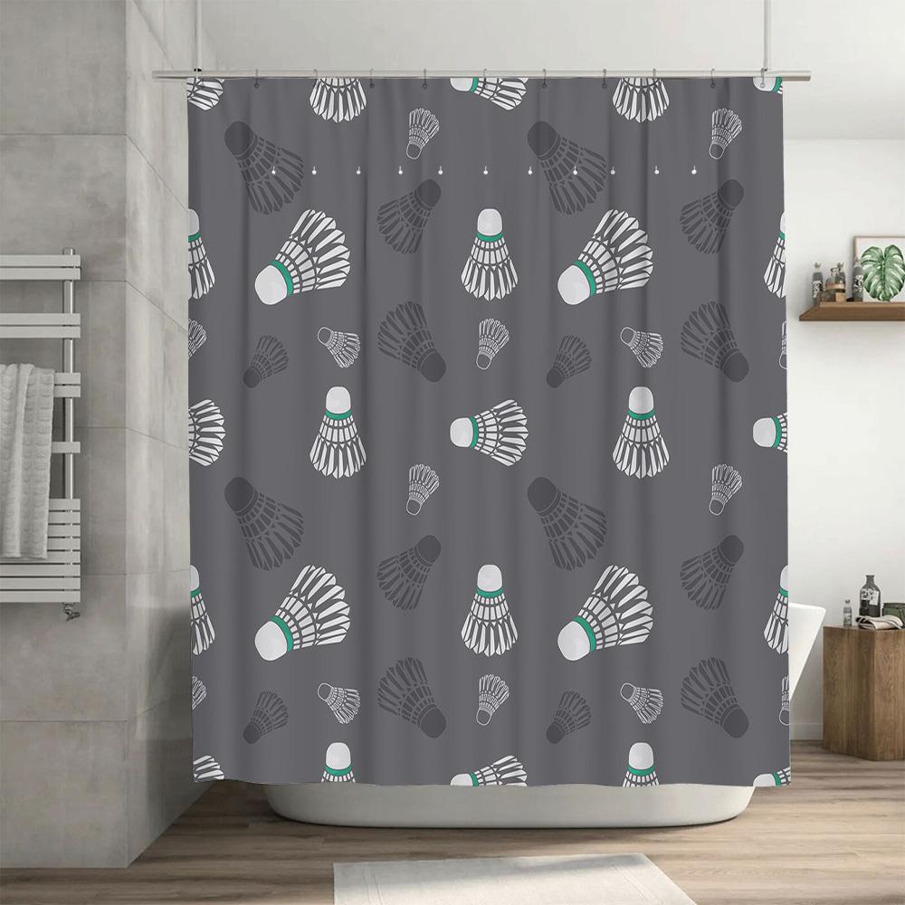 Badminton Shuttlecock Pattern Shower CurtainWaterproof Fabric, Non-slip Grip Hook, Home Decor Grey Color with Various Shades