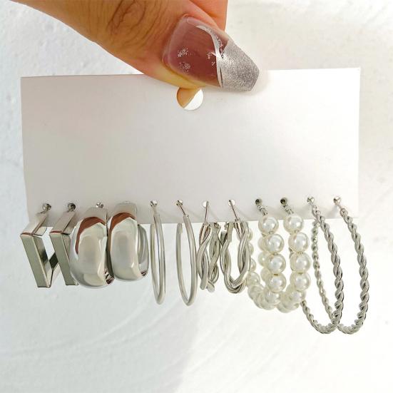 Yousheng 6 Pairs Women Hoop Earrings Simple Geometric C-shaped Twisted Faux Pearl Assorted Earrings Fashion Accessories Gift