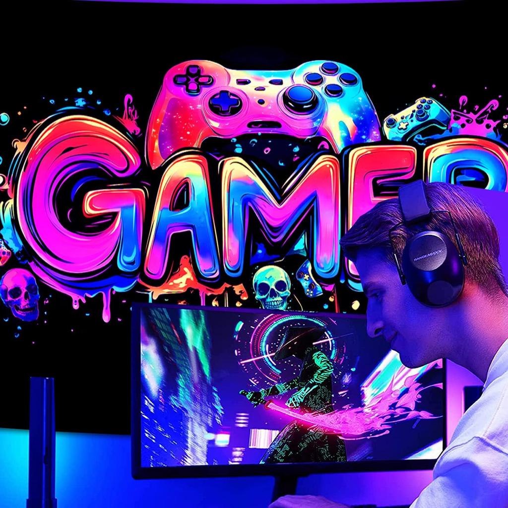 SparkLia Gamer Gaming Tapestry, Blacklight Game Controller Horror Skull Wall Hanging, UV Reactive Skeleton Glow in the Dark Wall Decor for Bedroom,