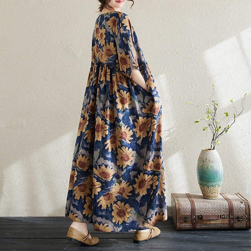 Short Sleeve Plus Size Cotton Vintage Floral New In Dresses for Women Casual Loose Long Summer Dress