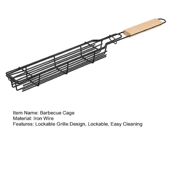 Barbecue Grill Baskets for Meat Vegetables Lockable Grille Rolling BBQ Cage with Wooden Handle Barbecue Net Rack for Shrimp Fish Veggies