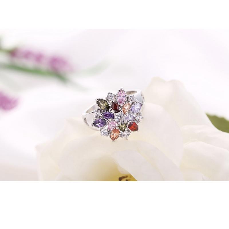 Ring Fashion 925 Silver Color Jewelry Colourful Cubic Zirconia Flower Design Cute Style Women Girls Party Engagement