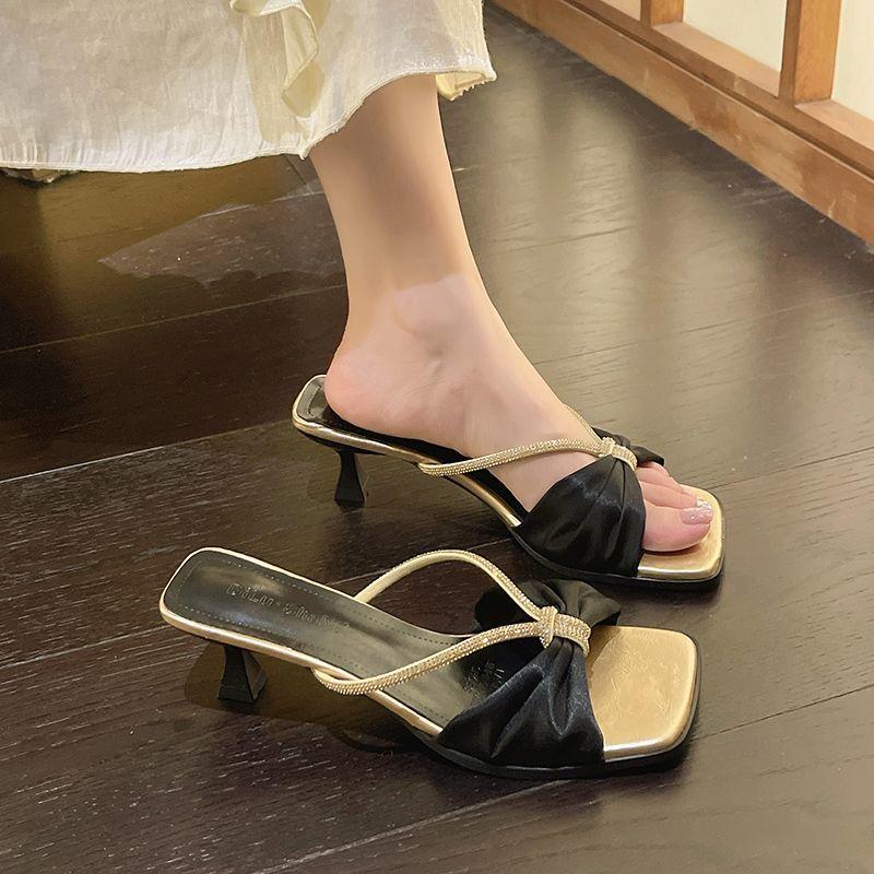High Heels Women Crystal Bow Slippers Sandals Square Toe Shoes 2026 Trend Summer New Sexy Party Shoes Flip Flops Pumps Mujer