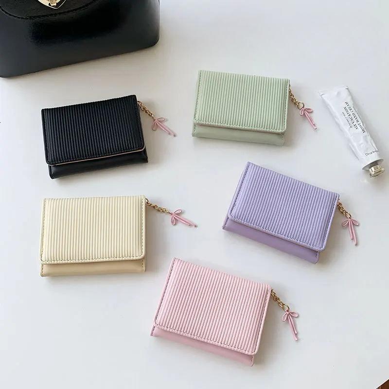 Korean Student Card Card Bag Cute Short Wallet Women Bow Leather Money Holder Wallet Three Fold Wallet Card Holder Coin Purse