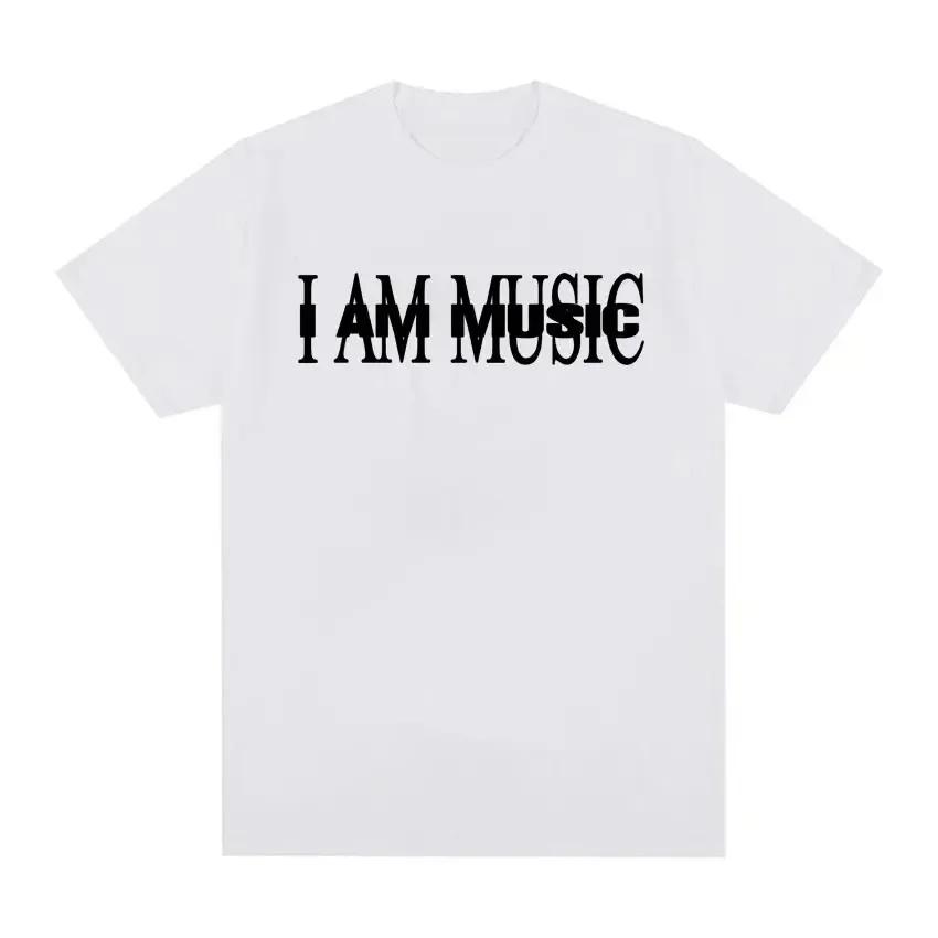 Men's I Am Music English Print 100% Pure Cotton Short-sleeved T-shirt, Street High-quality Clothing Top