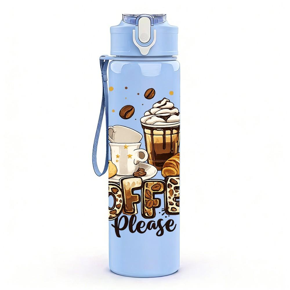 1PC Coffee Lover Coffee Cup Art Print 750ml Color Plastic Sports Water Bottle Leakproof Flip Straw Lid Suitable for Sports Office Home Use