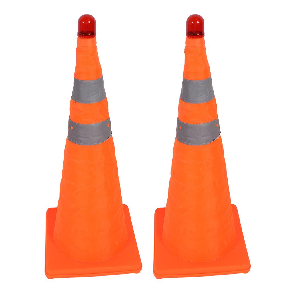 2 Set Traffic Cones Foldable 360 Degrees  Reflective Strips Road Safety Cones with Warning Light 70CM