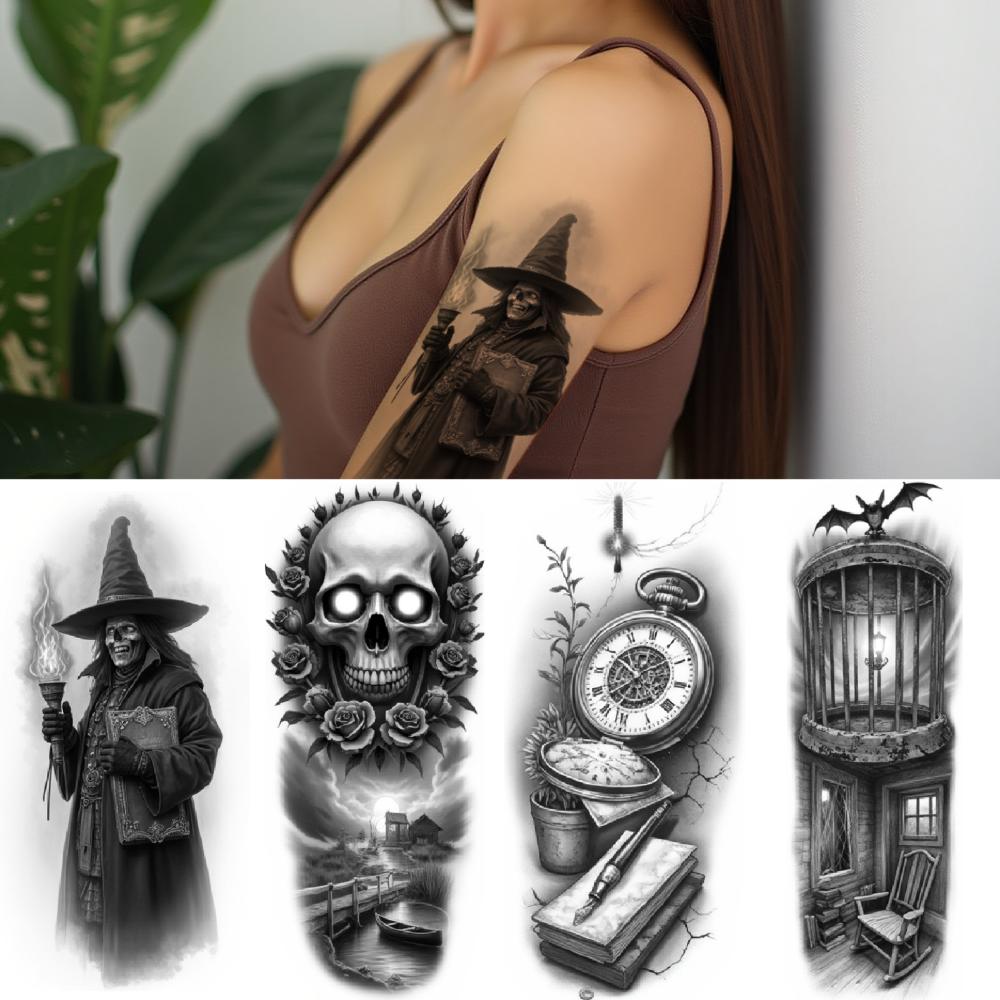 3pcs Temporary Tattoo Waterproof Long-lasting Body Stickers Caged Bat Pocket Watch Witch Illustration For Thighs Women Arms