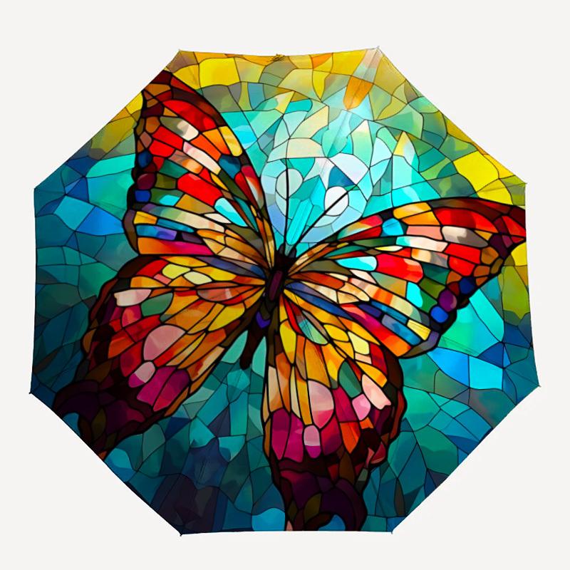 1pc Butterfly StainedGlass Automatic Open/Close Umbrella with Folding feature Compact Travel Umbrella, Lightweight design, for Commuting, Business042