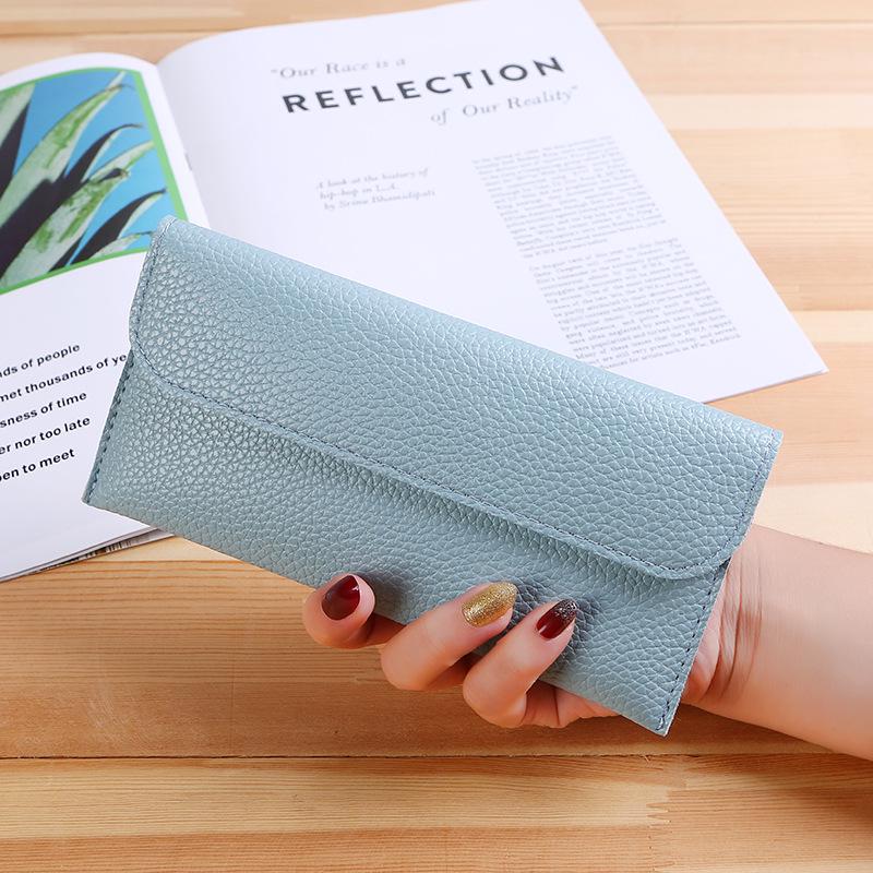 Neue lange Ledergeldbörse für Damen: Dünn, Unifarben, Großes Fassungsvermögen, Litschi-Muster, Tragbarer Stil für Handy und das Nötigste.