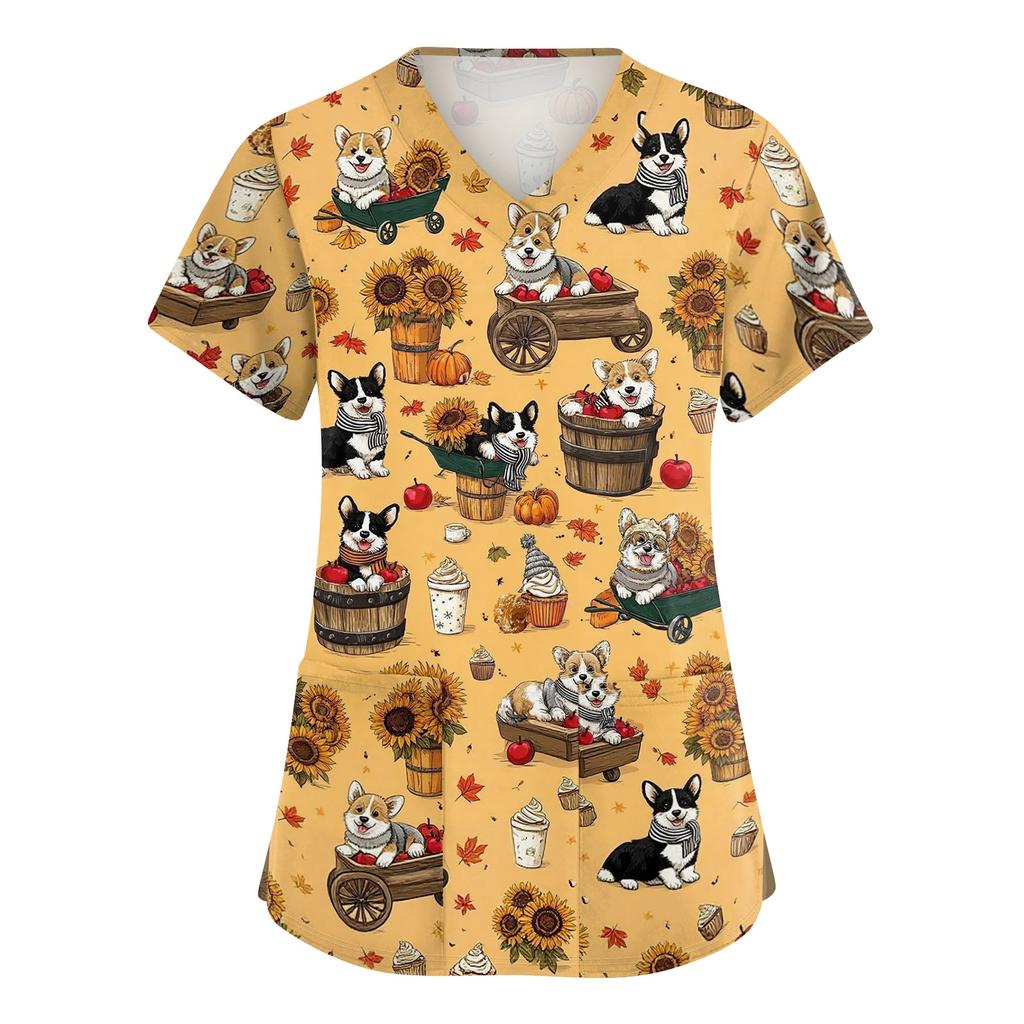 Ladies V Neck Short Sleeve Work Top with Side Slits and Pockets Animal Print Pattern Medical Scrub Shirt for Healthcare Professionals