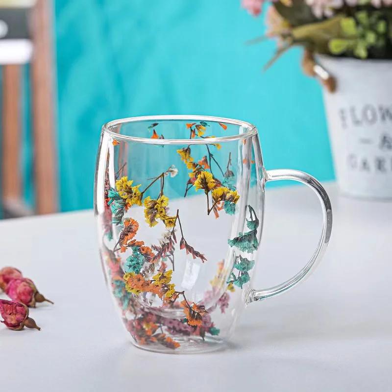 1pcs Creative Double Wall Glass Mug Cup with Dry Flower Sea Snail Conchs Glitters Fillings for Coffee Juice Milk Student Gifts