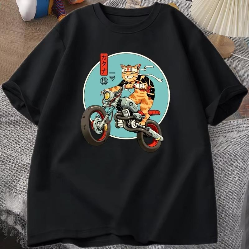Cat Motorcycle T Shirt Casual Cotton Short Sleeve Tshirt for Women Japanese Style Vintage Graphic Tees Unisexs Clothes Streetwear