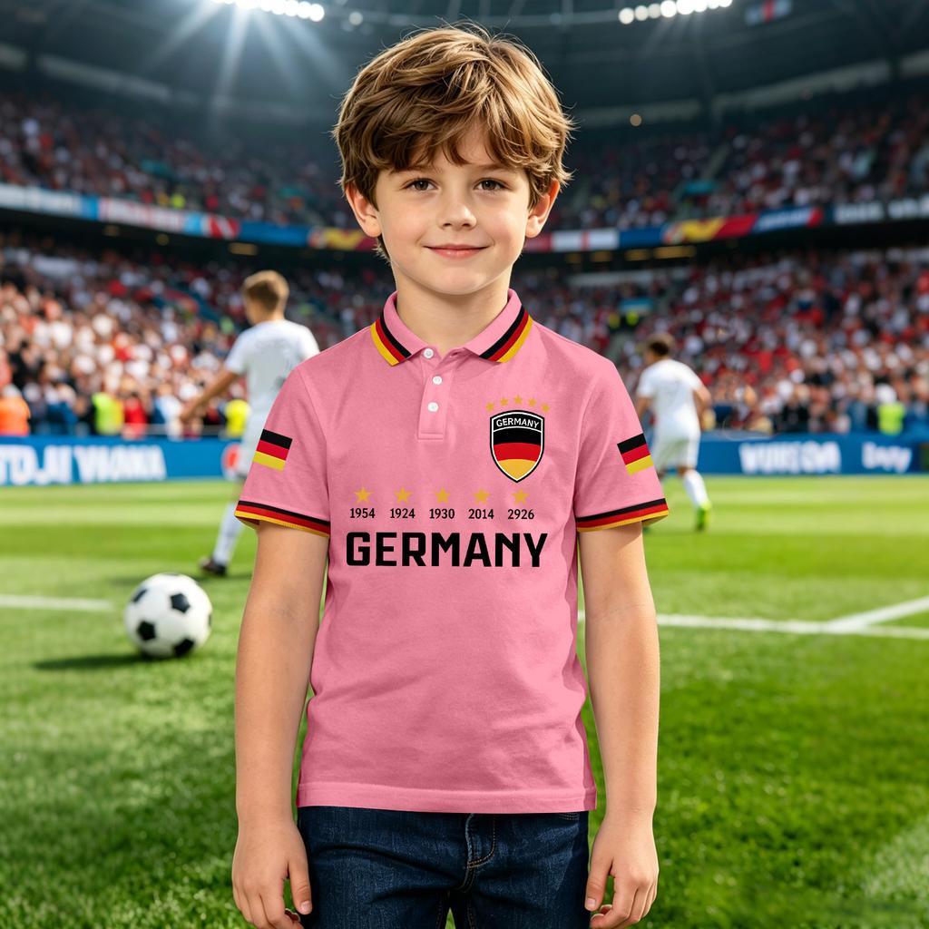 Kids Polo Shirt with Printed National Emblem and Championship Years Design Short Sleeve Button Collar Casual Top for Boys