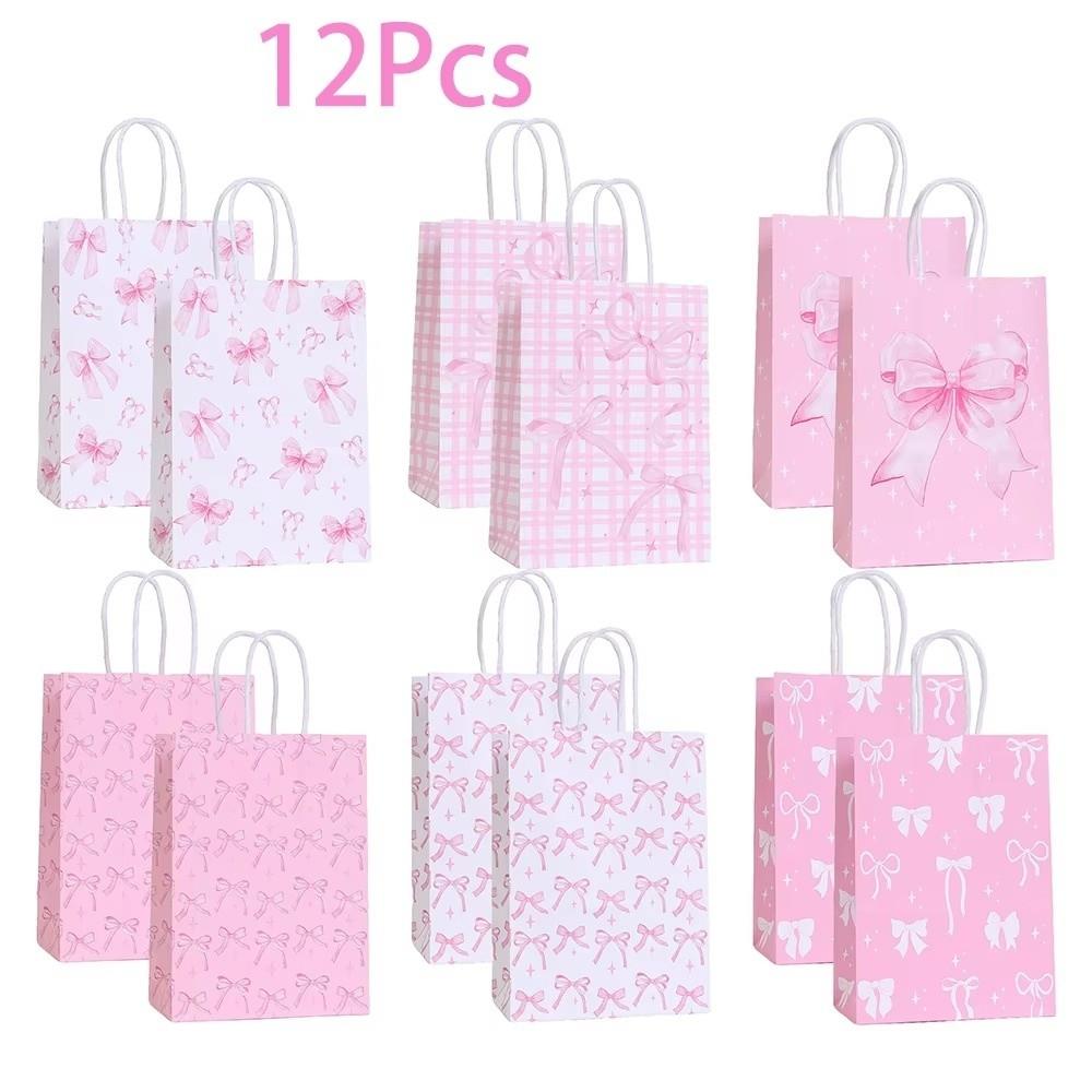 12Pcs Paper Gift Packing Bag Pink Bow Candy Cookie Bags Durable Present Wrap Bag  Celebration