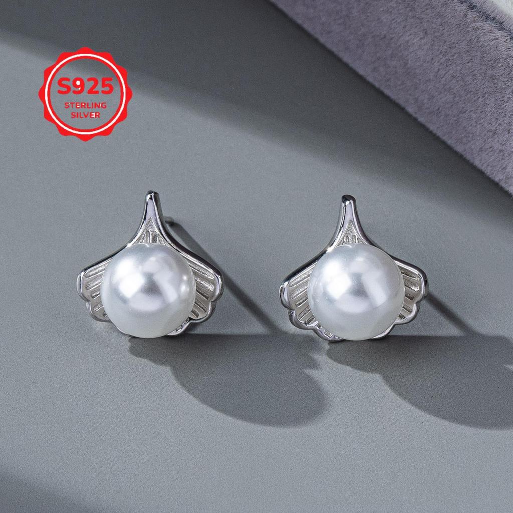 Korean Style S925 Sterling Silver Ginkgo Leaf Crystal Pearl Stud Earrings