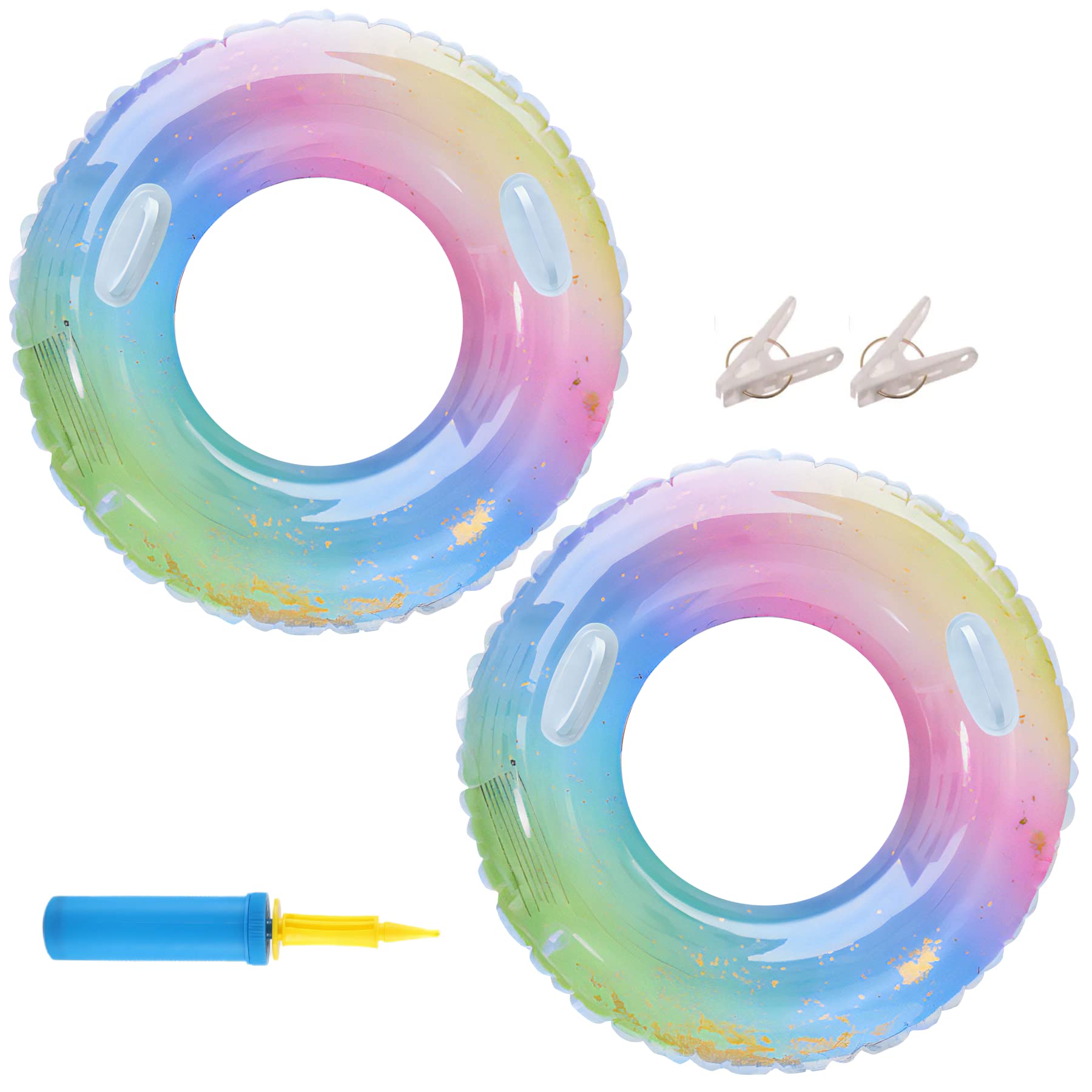 

Круги REGANOIR для детей и взрослых, Набор из 2 шт., Включает насос, Милые блестящие круги, Искрящийся радужный дизайн, Унисекс, 100см, 90см, 80см, 70см, 60см