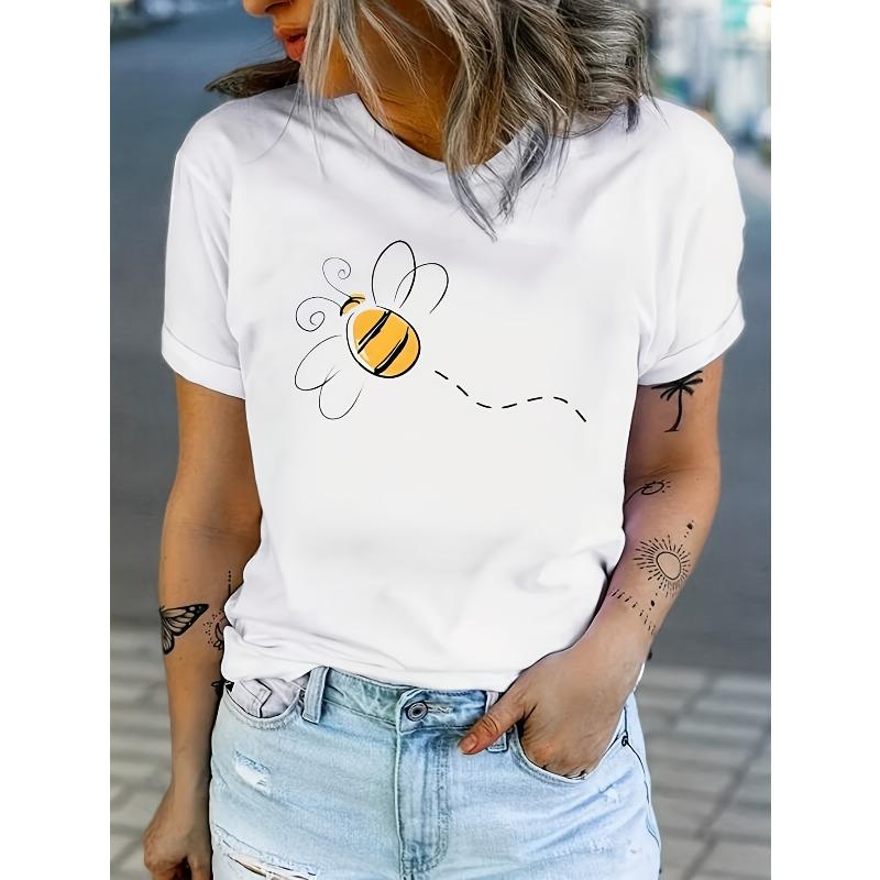 Damen Gelbes Biene & Waben Grafik T-Shirt Lässig Kurzarm Rundhals Leichtes Tee