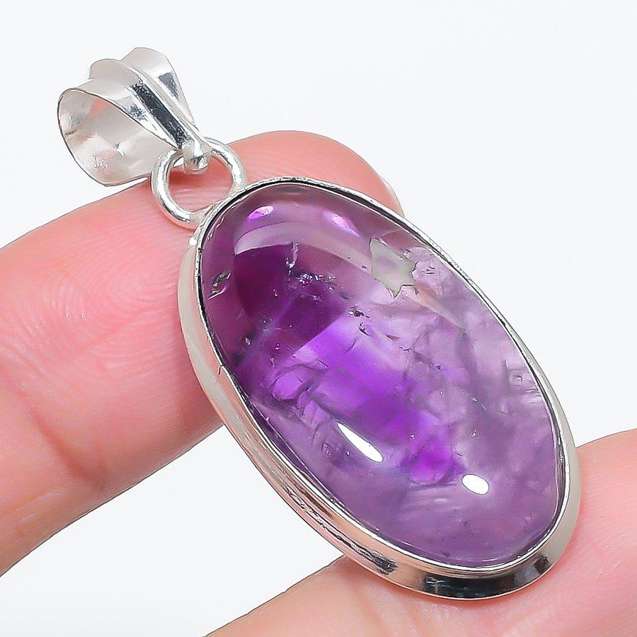 Natural Sage Amethyst Gemstone 925 Sterling Silver Jewelry Pendant 1.85" m9v49