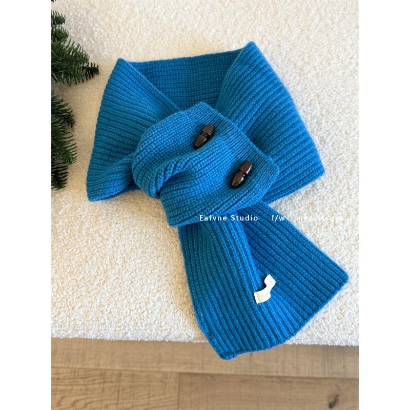 Pure Wool Horn Button Scarf Solid Color Small Scarf Cross Ladies Lazy Warm Autumn and Winter Collar