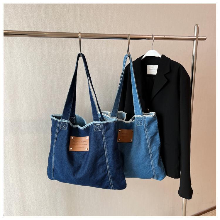 New Korean Style Denim Bag Women Harajuku Lazy Fashion Large Capacity Shoulder Bag Japanese Casual College Student Backpack Street Trend Deep Blue