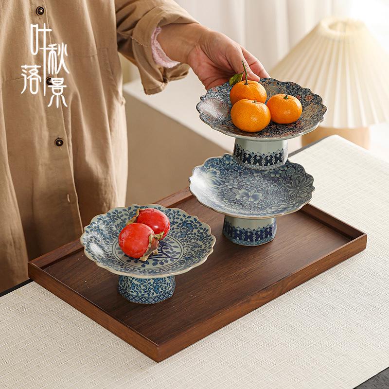 Chinese Ru Kiln Blue and White High-Footed Ceramic Plate for Fruit, Tea, Snacks, Pastries, and Living Room Decor