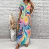 Women Plus Size V Neck Short Sleeve Colorful Swirl Printed Long Maxi Dress