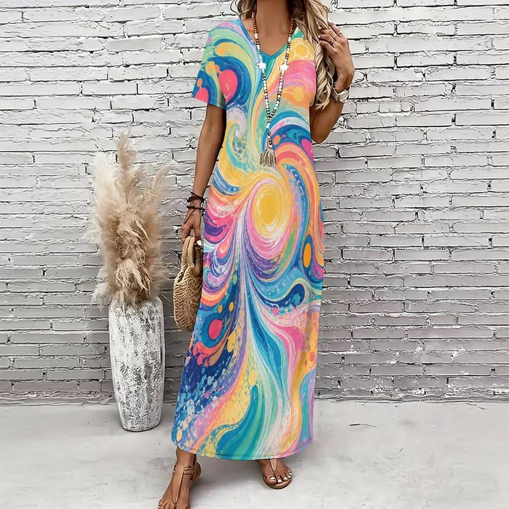 Women Plus Size V Neck Short Sleeve Colorful Swirl Printed Long Maxi Dress