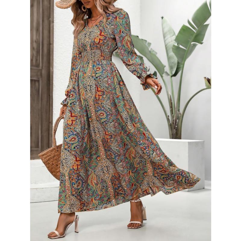 Podzimní dámské potištěné šaty s výstřihem do V a dlouhým rukávem s lemem