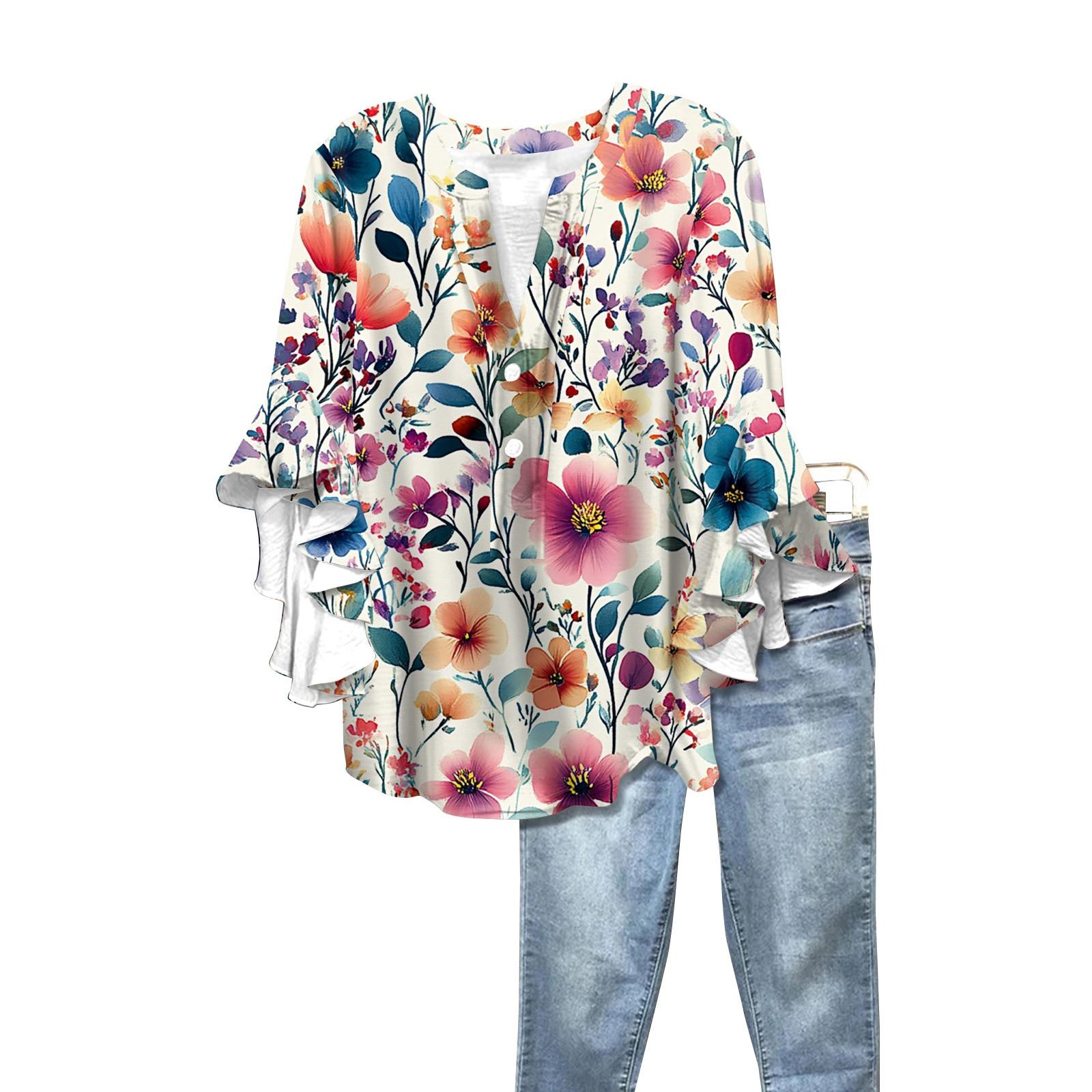

Summer Women s Tops V Neck Three Quarter Sleeve Shirt Vintage Floral Print Tops Casual Shirts XL Кіновар