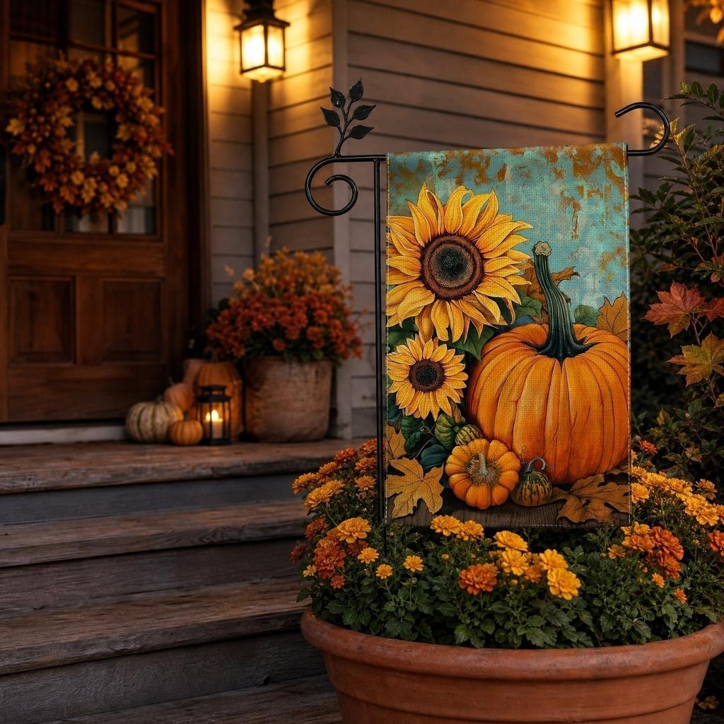 Zweiseitige Gartenflagge mit Sonnenblumen- und Kürbisdruck für saisonale Außendekoration 45 x 30 Zentimeter Geeignet für die Präsentation im Garten und auf der Terrasse